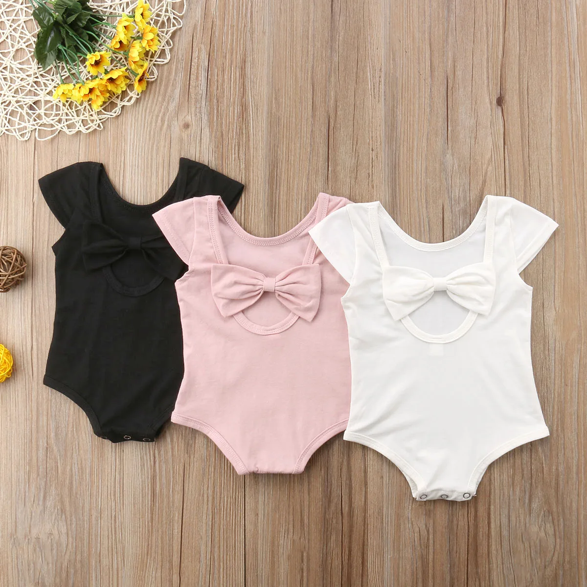 

2018 Brand New Summer Casual Toddler Baby Girl Romper Short Sleeve Solid Back Bow Jumpsuits Romper Btief Outfit Wholesale 0-24Ms