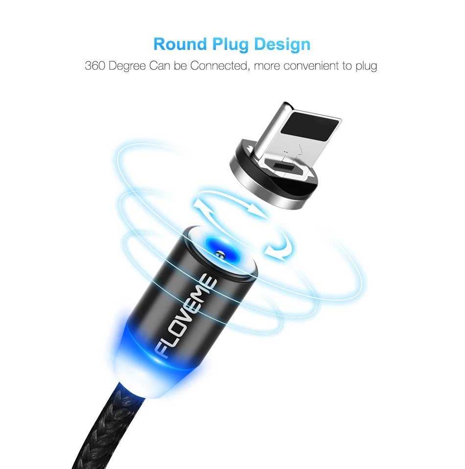 FLOVEME 360 градусов 3 в 1 Магнитный кабель для iPhone X 8 освещение Micro usb type-C светодиодный нейлоновый плетеный провод Магнитный кабель для зарядного устройства C