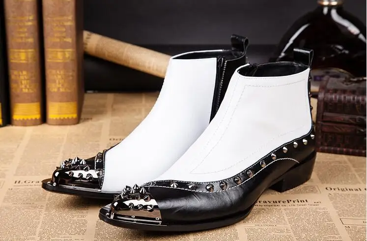 

Shoes men genuine leather pointed iron toes dress shoes patchwork rivets high heels mix colour ankle boots smart casual boot