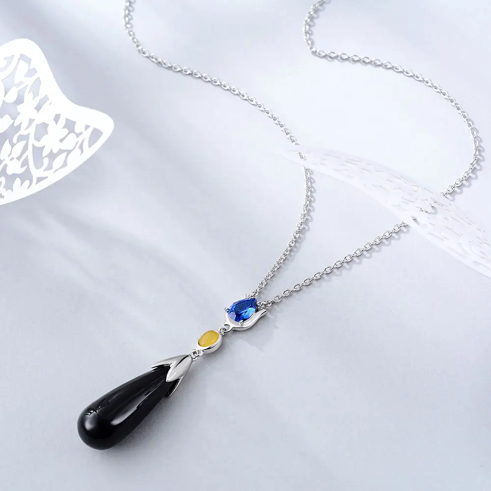 E Jewelry 925 Стерлинговое серебро подвеска в форме капель воды Black ожерелья с агатом