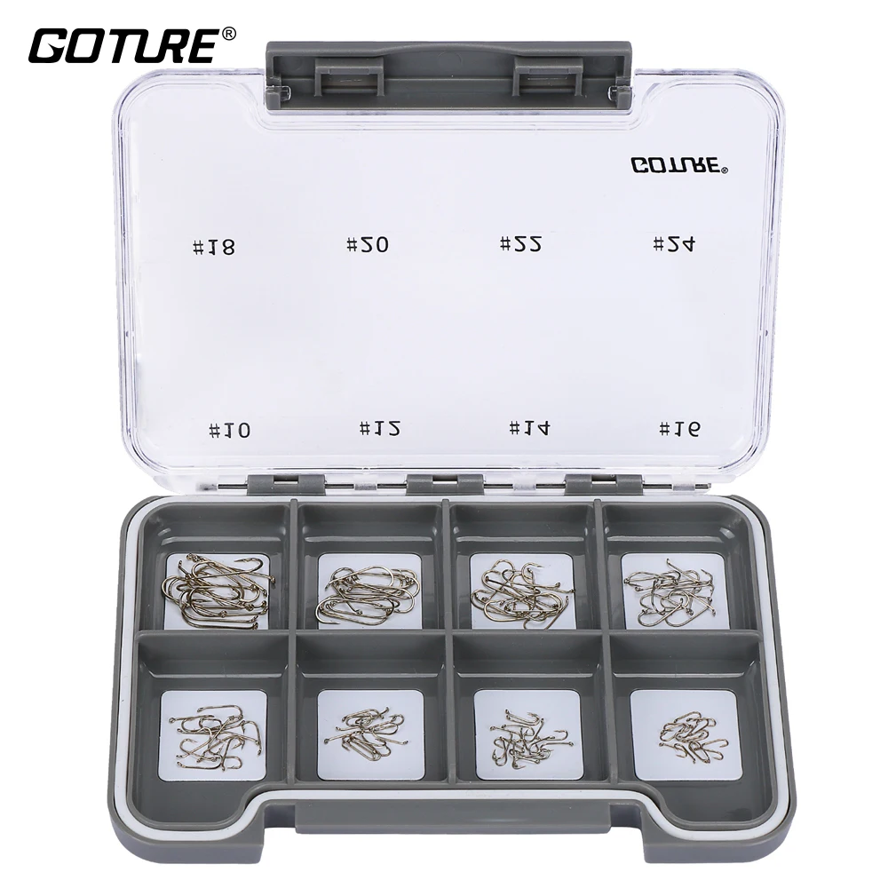 Goture 120 шт. крючки для ловли нахлыстом с магнитными компонентами коробка из высокоуглеродистой стали колючая сухая/Нимфа крючок для завязывания мух Размер#6-#24