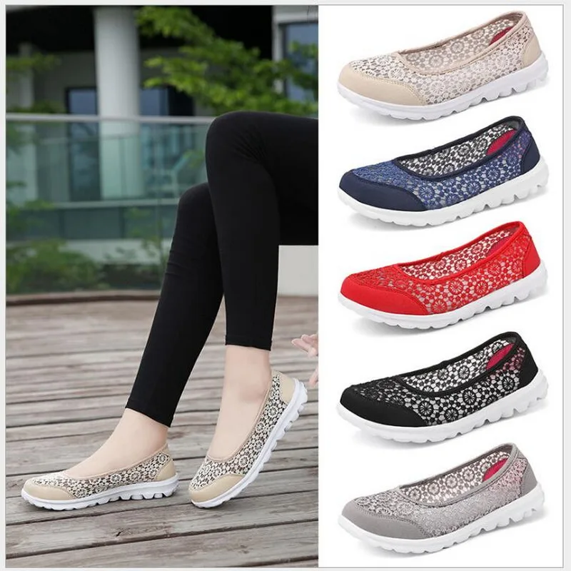 RUSHIMAN 2021 Spring Summer Women Flats Shoes lightweight Comfortable Leisure Lace Mesh Shoes Female Slip On Loafers