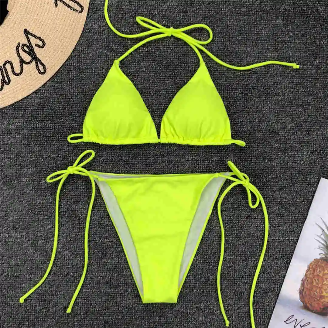 Neon Yellow Сексуальный неоновый розовый Бразильский бикини, женская одежда для плавания, купальный костюм с лямкой через шею, Женский комплект бикини из двух предметов, купальный костюм, купальник V1312P - Цвет: Neon Yellow