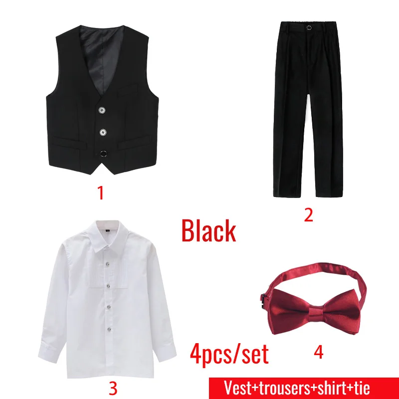 Black vest sets 4pcs Брендовый деловой костюм с цветочным узором для мальчиков; свадебное студенческое платье; джентльменская Детская куртка; жилет; брюки; костюмы для церемонии с галстуком-бабочкой - Цвет: Black vest sets 4pcs