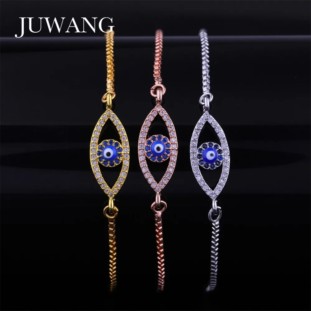 

JUWANG 2018 New Blue Evil Eye Bracelet for Women Girl CZ Sliver Gold Color Link Charm Bracelet Turkish Fashion Jewelry Gift