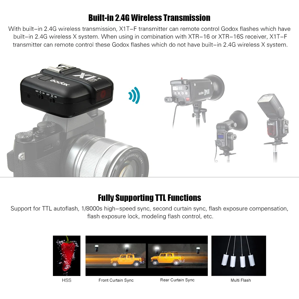 Godox X1T-F 2.4G Wireless TTL Flash Trigger 1/8000s HSS 32 Channels Flash Trigger Transmitter w/LCD for Fuji Series Cameras
Godox X1T-F 2.4G Wireless TTL Flash Trigger 1/8000s HSS 32 Channels Flash Trigger Transmitter w/LCD for Fuji Series Cameras