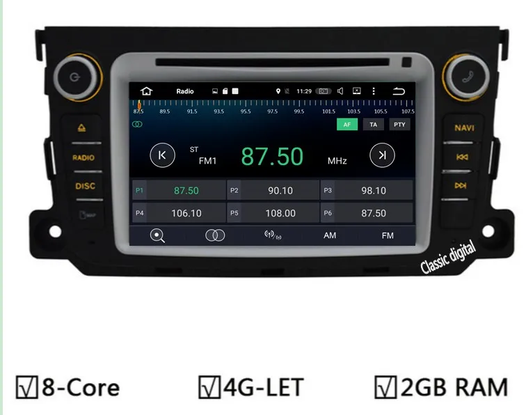Dvd плеер GPS для Mercedes Benz Smart Fortwo 1024x600 Android 6.0/7.1 Octa core 2 ГБ оперативная память 32