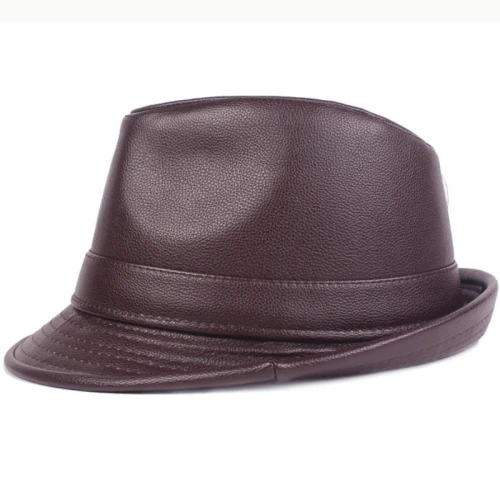 Коричневый HT2205 Fedoras шапки осень/зима для мужчин из искусственной кожи джаз шляпа мужская твердая Fedora шапки старшего человека простые Trilby котелки мужские шапки - Цвет: Коричневый