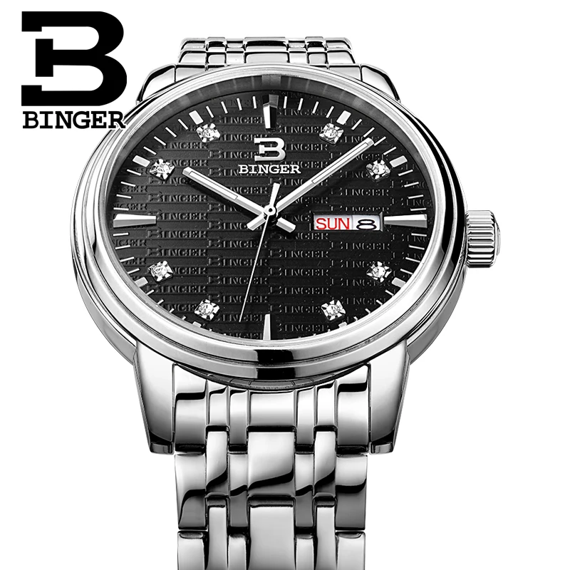 Роскошные мужские кварцевые часы бингера полностью стальные золотые с кожаным