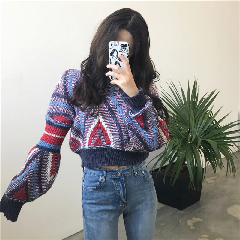 RUGOD 2019 Fashion Loose Christmas Sweater Lantern Sleeve O-neck Striped Women Casual Short Winter Pull Femme Hiver | Женская одежда