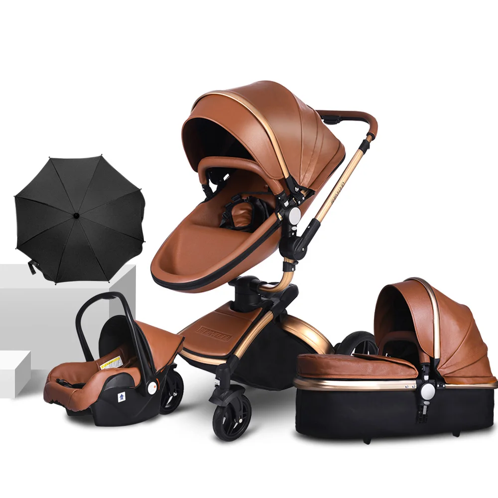 Gold frame Brown3in1 CE безопасные детские коляски 3 в 1 высокое качество PU детская коляска 0-36 месяцев использование Высокое качество кожа babyfond коляска 2in 1 - Цвет: Gold frame Brown3in1