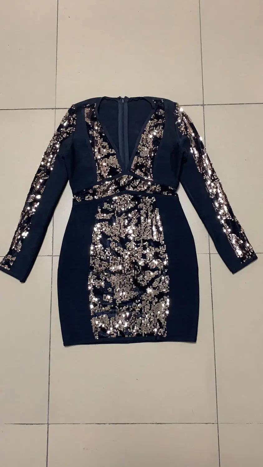 Evening Party New Style Fashion Sexy Women Bandage Dress Sequined Deep V-neck Long sleeve celebrity body con dresses wholesale | Женская