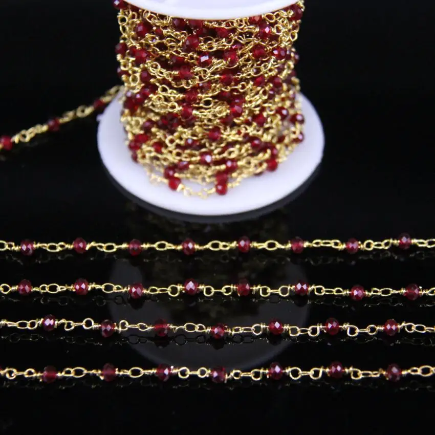 

3x4mm Garnet Red Glass Beaded Rosary Chain,Wine red Crystal Gems Faceted Rondelle Gold Chain DIY Women Necklace