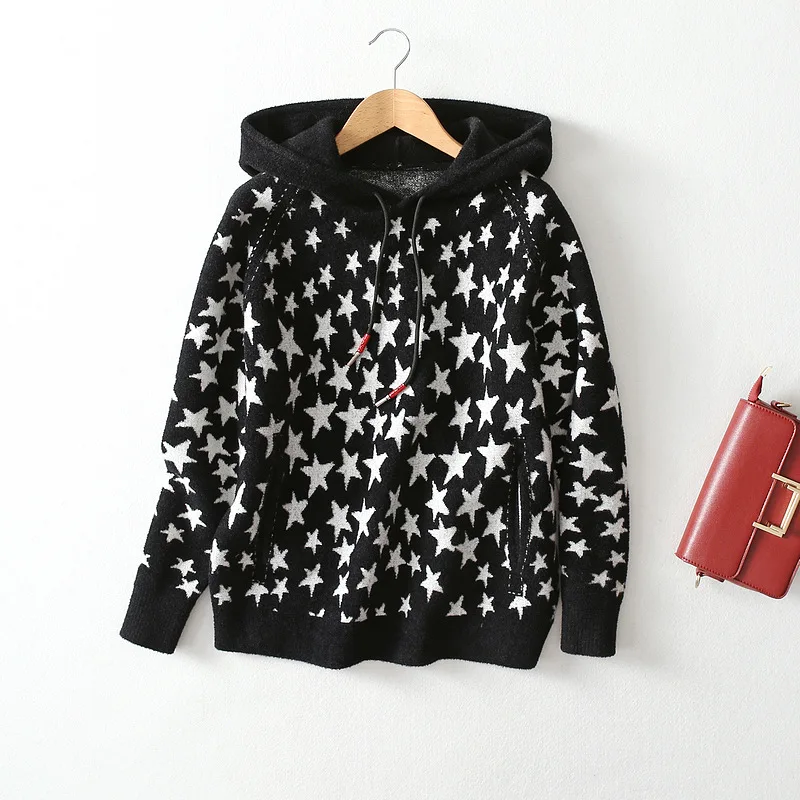 Women Hoodies 2018 Autumn Winter Casual Long Sleeve Hooded Sweatshirt Five-pointed Stars Loose Pullover Wool Knitted Jumper | Женская
