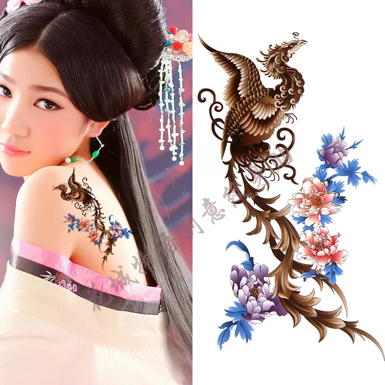 Colorful big Phoenix flower Body Art Waterproof fake tattoo For Woman Flash TemporaryTattoo Stickers 10*20CM KD061 | Красота и