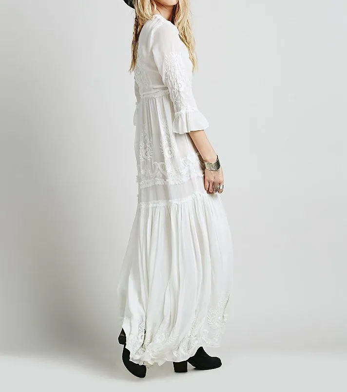 Fashion 2019 Summer Women Ethnic Flower Embroidered Lace Dress Cotton Tunic Long Maxi Flare Sleeve Boho | Женская одежда