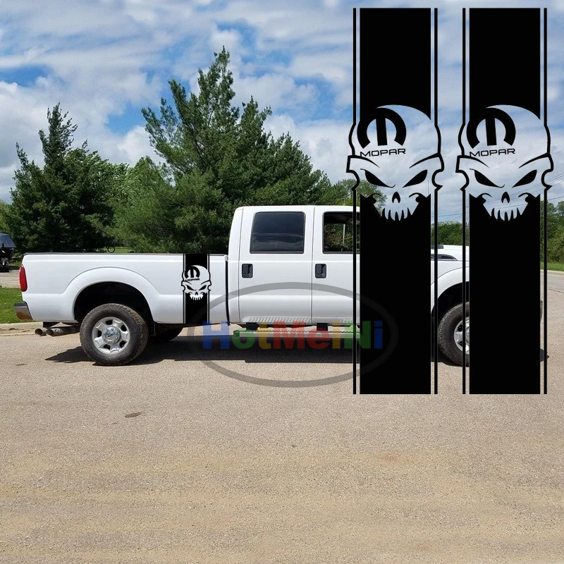 

HotMeiNi 2x Skull for Dodge Pickup Truck Bed Stripes Decal 34.5*8.3cm Car Stickers Car Body Accessories Black/Sliver