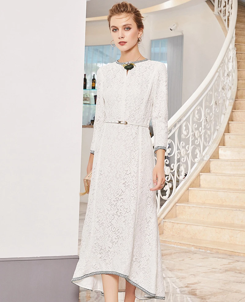 Благородные модные женские платья кружевные с круглым вырезом длинным рукавом