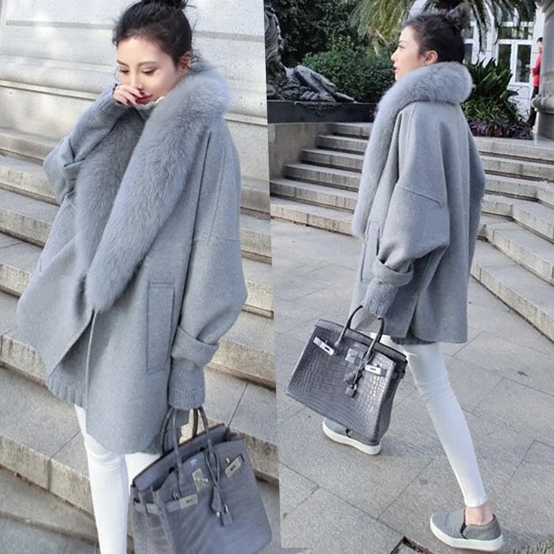 

Brand Womens Winter Outerwear Coats Woolen Overcoat Fur Gery Long Wool Coat For Women Winter Coat manteau femme
