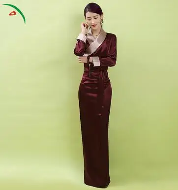 Wine Red Весна лето кристалл конопляное женское тибетское платье халат торговый костюм коричневый фиолетовый зеленый воротник тибетское платье Китайская Этническая Одежда - Цвет: Wine Red