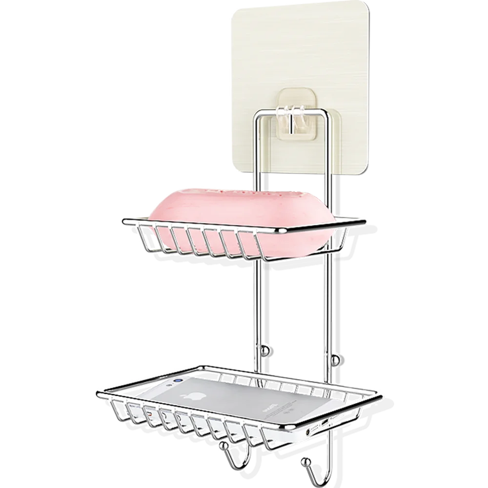 Bathroom stainless steel double soap dish creative free punching no trace rack bathroom soap rack drain soap box WF621928 - Цвет: 2 layer have hook
