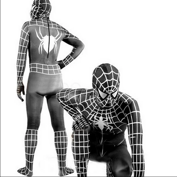 Бесплатная доставка лайкра (спандекс) черный паук Костюм Экипировка Zentai с белой