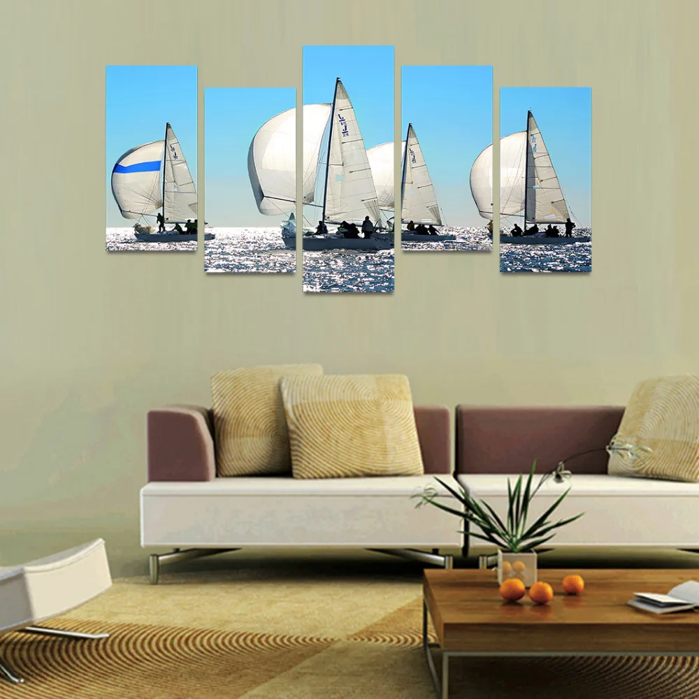 5 Panels Canvas Print White Sail boat on Ocean Painting Wall Art Picture Home Decoration SEA01417 |