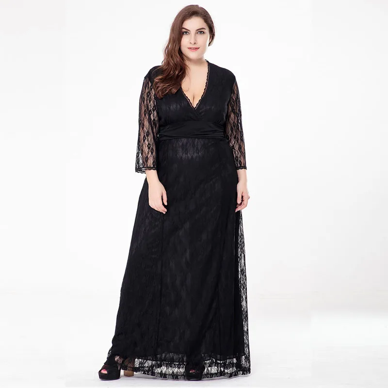 Платья размера плюс для женщин 4xl 5xl 6xl кружевное платье с длинным рукавом черное