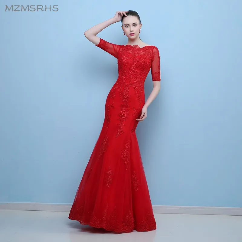Женское вечернее платье русалка красное кружевное с рукавом до локтя модель 2017|red