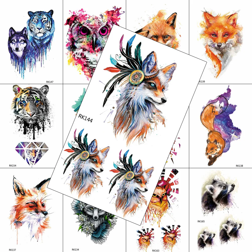 3D акварельные Временные татуировки лиса Минималистичная наклейка водостойкий
