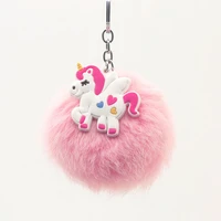 cute new fluffy rabbit fur pompon unicorn keychain women pompom fur ball key chain female bag car trinket jewelry party gift