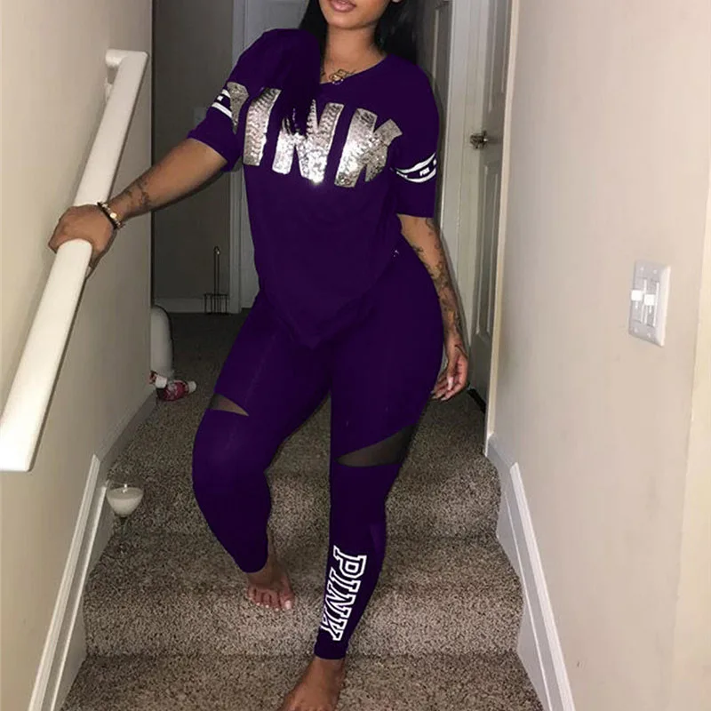 Purple Женский спортивный комплект из двух предметов для фитнеса, футболка+ длинные штаны, повседневные розовые комплекты с буквенным принтом из 2 предметов, одежда размера плюс розового цвета - Цвет: Purple