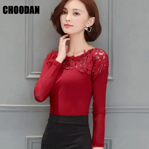 red shirt Блуза с длинным рукавом, Женская хлопковая кружевная Лоскутная рубашка, весна-осень, Корейская элегантная Офисная Женская одежда - Цвет: red shirt