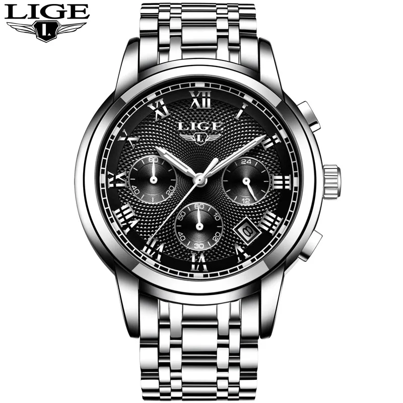 S Silver black Новые мужские часы лучший бренд класса люкс LIGE бизнес Дата кварцевые часы из нержавеющей стали мужские модные водонепроницаемые Хронограф Мужские - Цвет: S Silver black