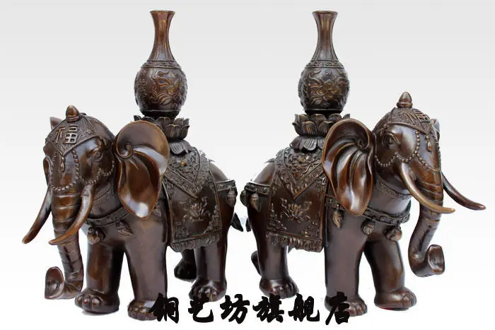 12 ''Китай Бронза фэншуй Счастливый слон ваза лотоса Статуя Пара|statue china|statue