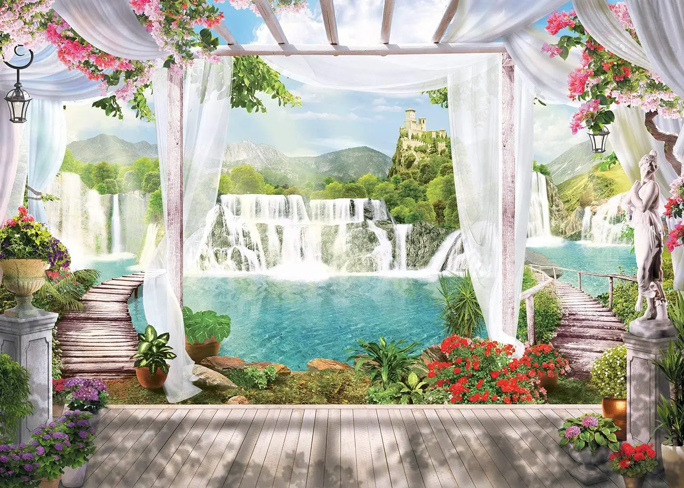 7x5ft красивый чистый река водопады деревянный мост природа фотография Фон