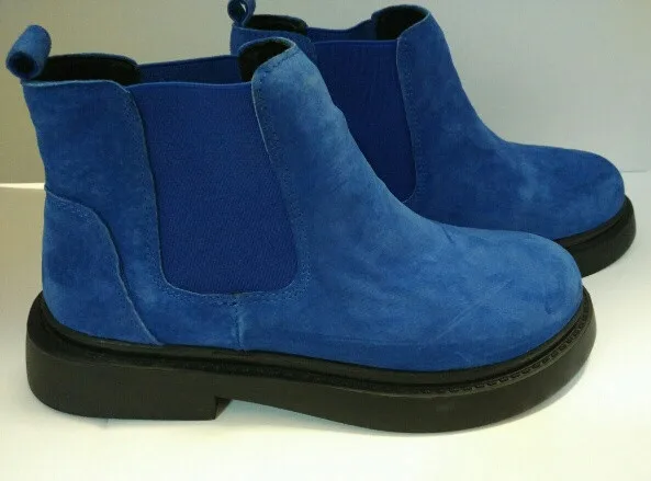 Blue with black sole Весенние матовые ботинки «Челси» из натуральной кожи; женские повседневные ботинки; модная женская обувь в консервативном стиле; обувь на плоской подошве; 7 ярких цветов - Цвет: Blue with black sole
