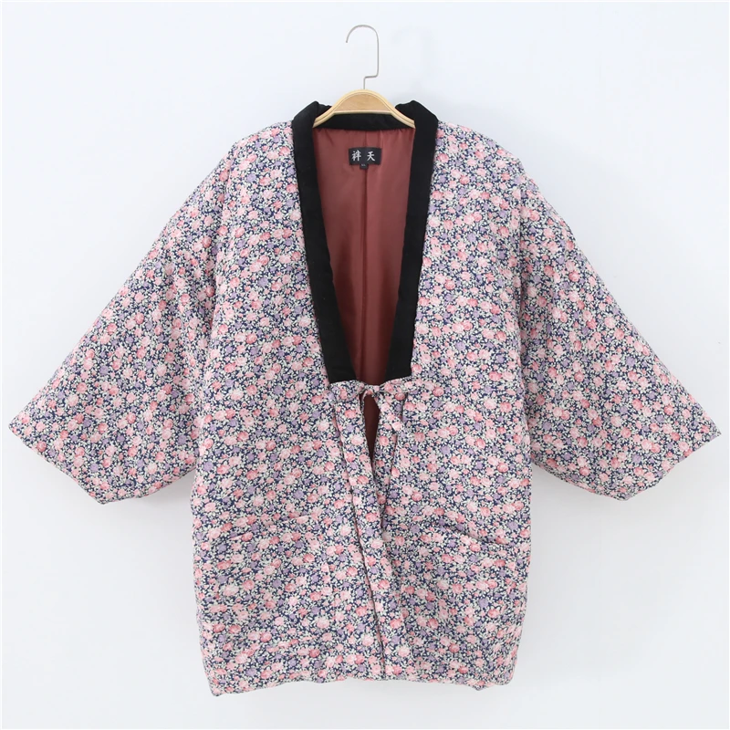 Зимнее женское кимоно Haori, толстая теплая хлопковая стеганая куртка, осенняя Повседневная Домашняя одежда, женское однотонное Свободное пальто H9025