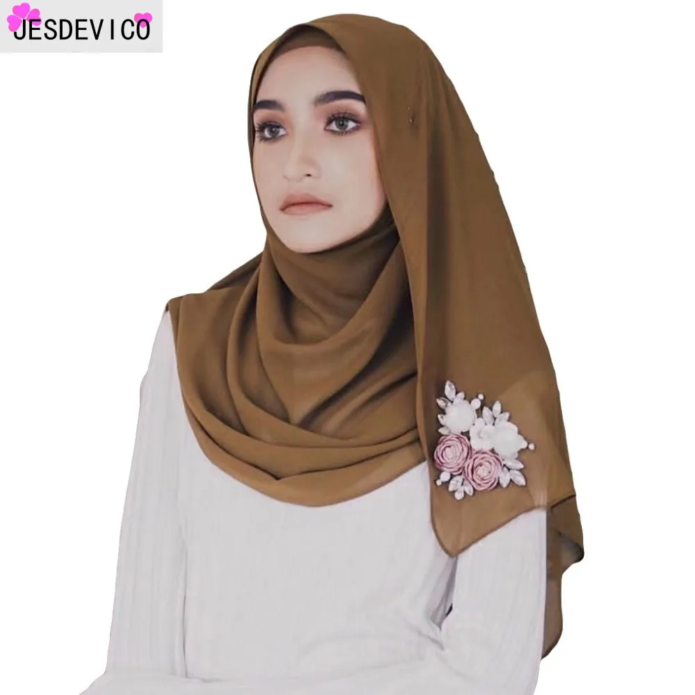 Мусульманский шифоновый хиджаб шарф abaya шапки тюрбан Femme Жемчуг Цветочный платок