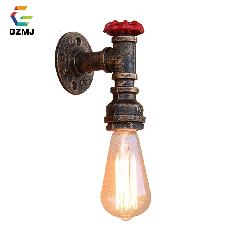 

GZMJ Vintage Water Pipe Wall LED Lamp Industrial Decor E27 Sconce Wall Light Antique Rust Loft Wandlamp for Bar Bedroom Bathroom