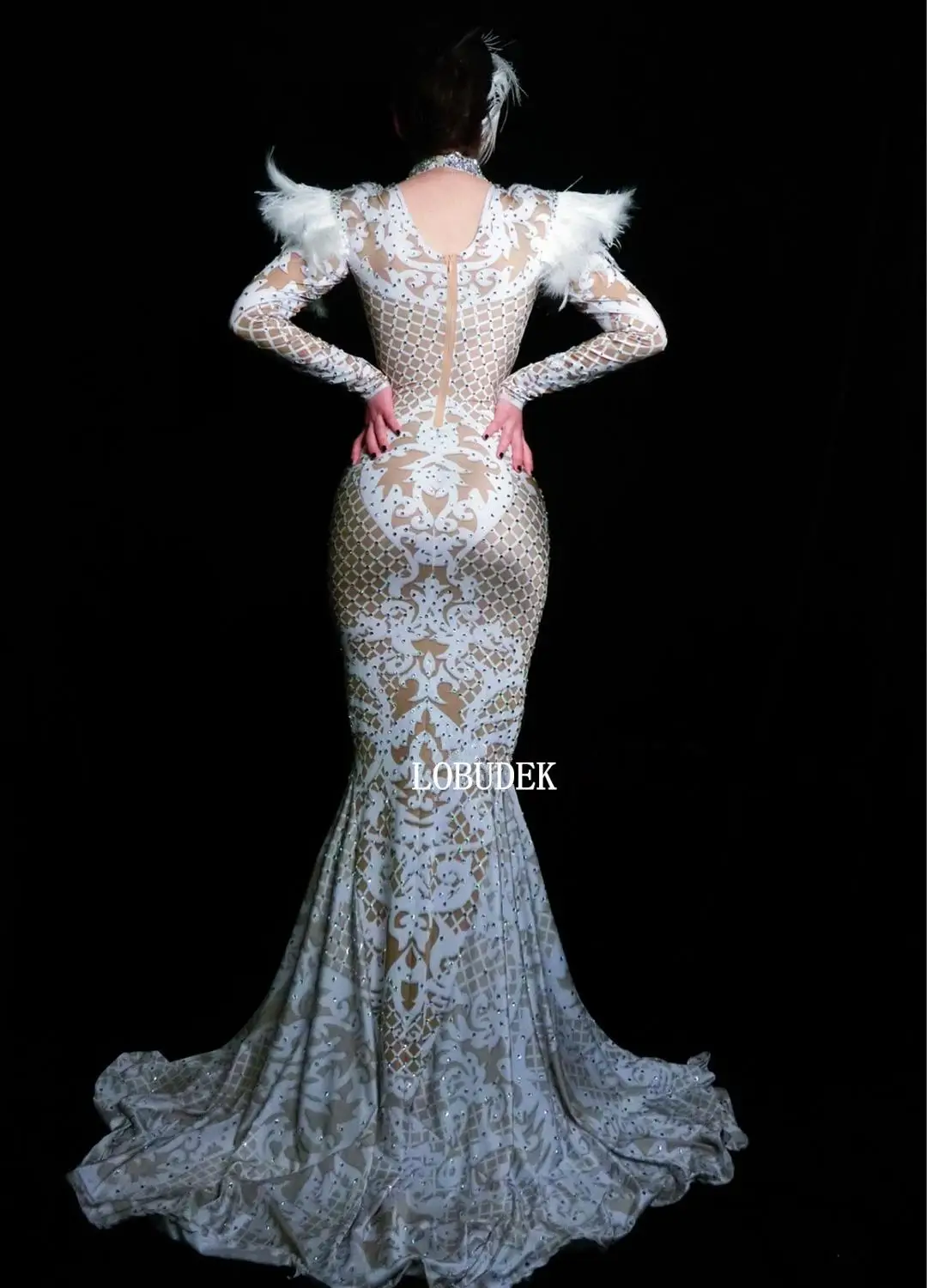 

High-end Stylish Sparkly Rhinestones White Feathers Epaulet Trailing Dress Women Evening Prom Birthday Celebration Long Dress