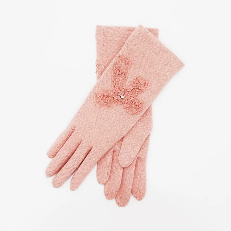 pink Зимние перчатки, новинка, женские длинные перчатки, плюс бархат, теплые шерстяные перчатки, цветной бант, милые, пять пальцев, бархатные кроличьи меховые варежки - Цвет: pink