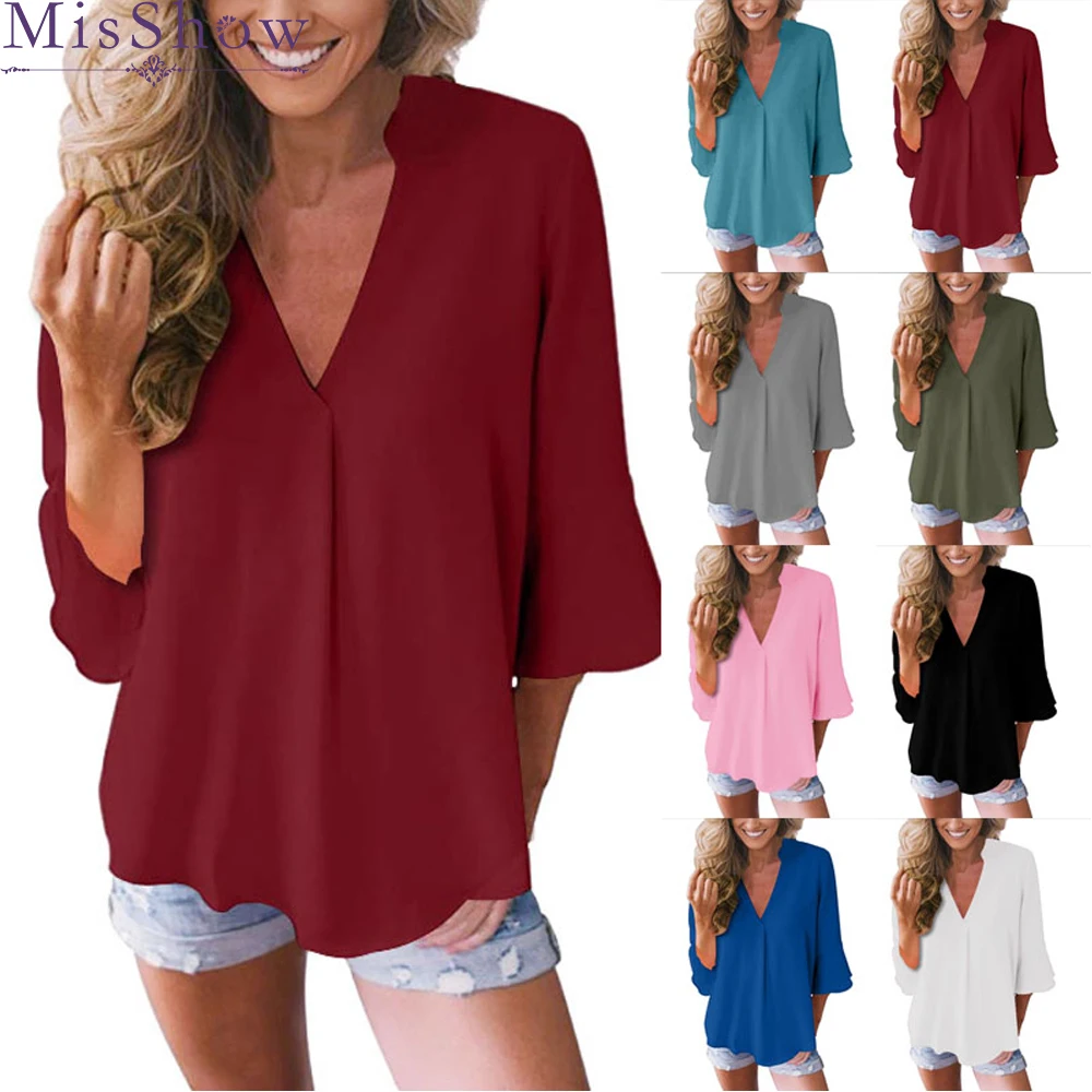 Женская блузка с расклешенным рукавом повседневная однотонная шифоновая