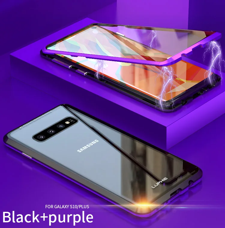 Металлический магнитный чехол для samsung Galaxy S8, S9, S10 Plus, закаленное стекло для samsung Note8, Note9, S10E, задняя крышка на магните, чехол s - Цвет: black purple