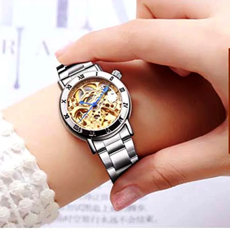 

IK 40005 Watch Women Roman Wristwatch Skeleton Auto Mechanical Stainless steel band clock girls regarder
