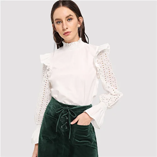 Beige Sheinside, бежевый кружевной топ с рюшами и ушками, однотонная блузка, женские рубашки с длинным рукавом,, элегантные женские топы и блузки - Цвет: Beige