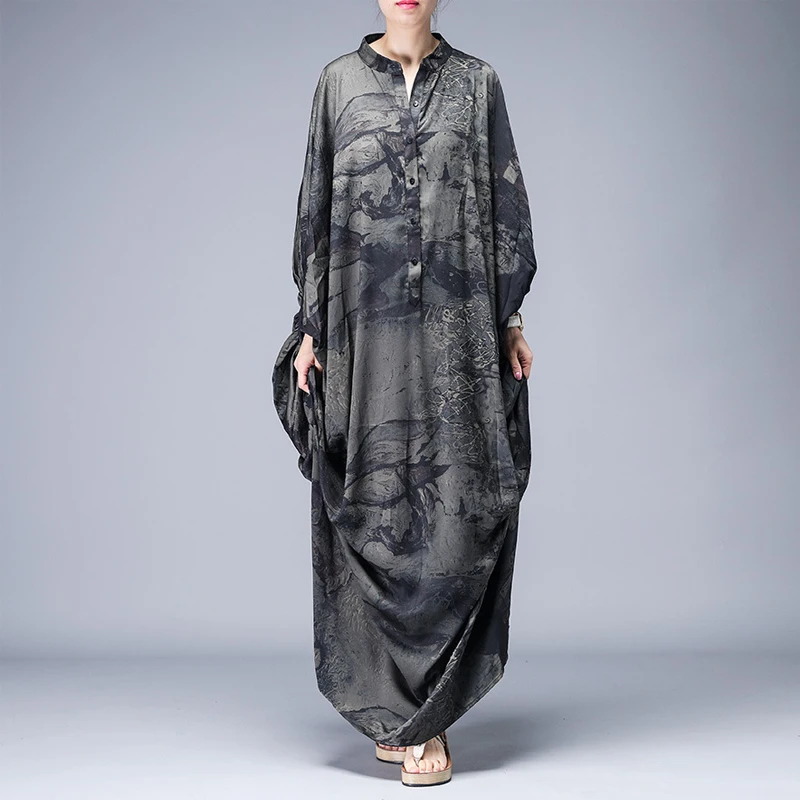 Новинка 2019 винтажное длинное платье с рукавом летучая мышь и пуговицами