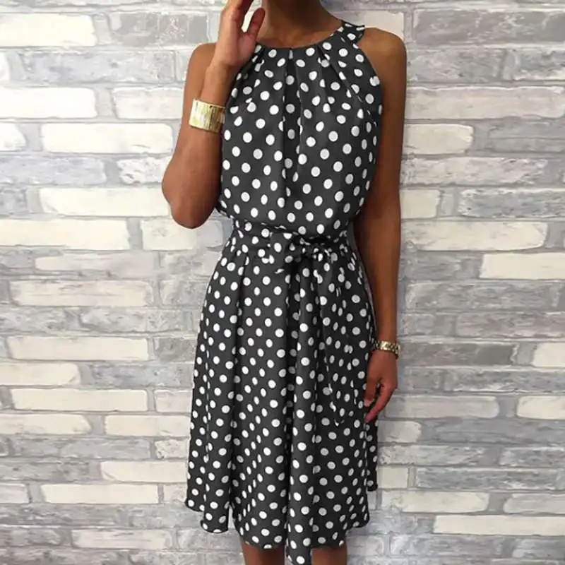 Платье в горошек без рукавов бретелек с круглым вырезом повседневное свободное