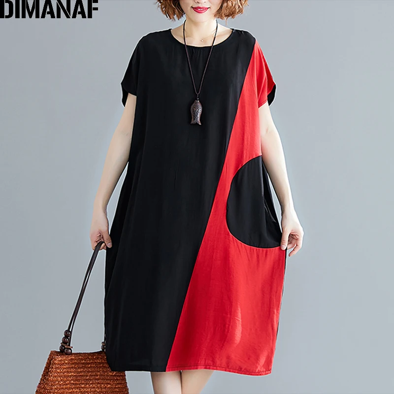 DIMANAF женское платье большого размера, модное лоскутное женское платье Vestidos, свободное базовое летнее платье из хлопка, большой размер