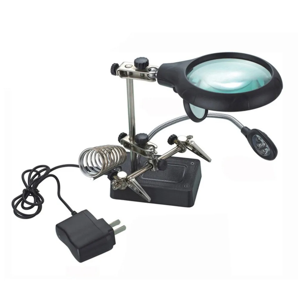 Desktop Magnifiers Multifunctional Clip Magnifying Tool With LED Light Electric Iron Auxiliary Stand Glass EU/US Plug | Инструменты